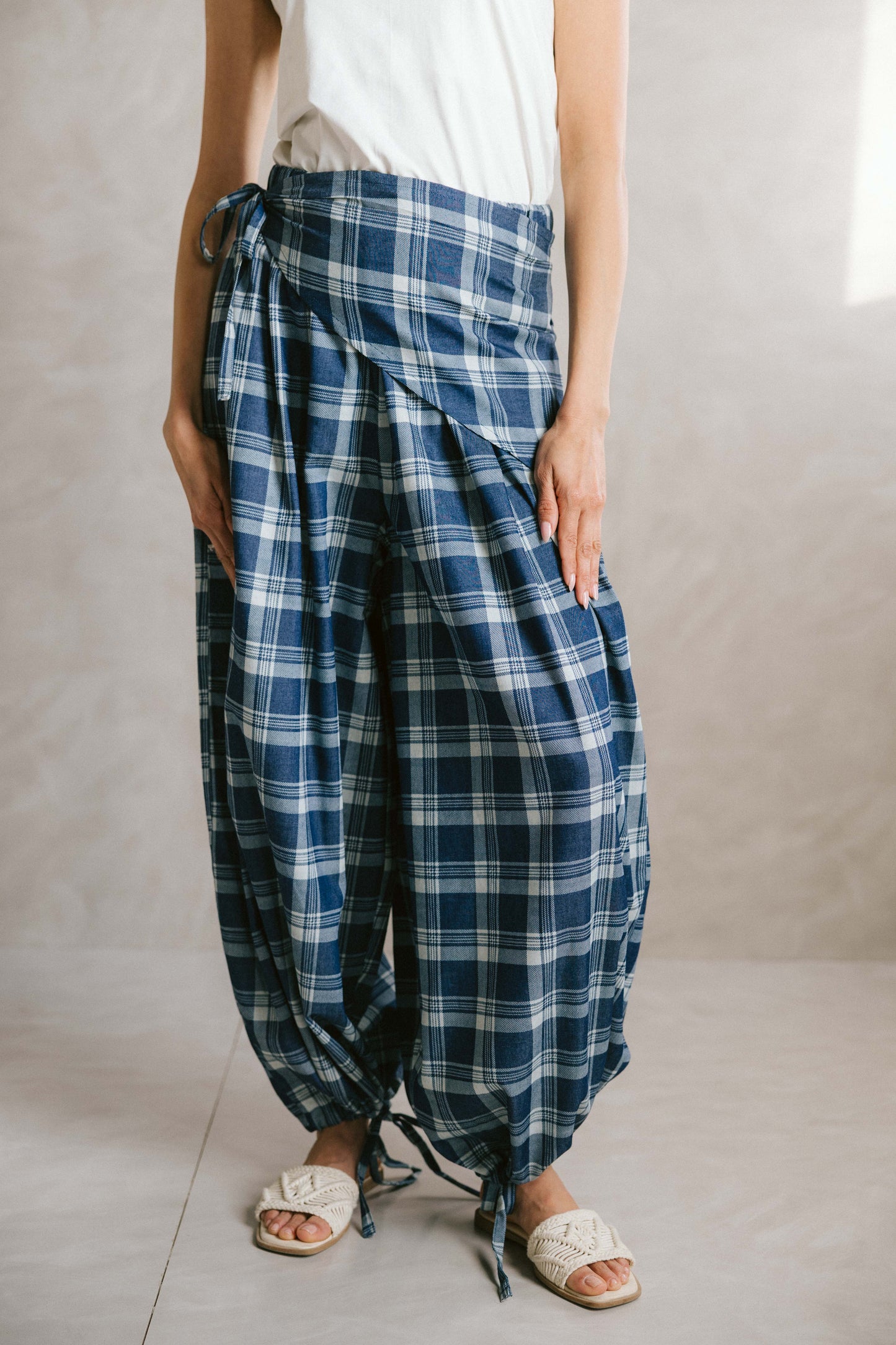 Plaid denim ease pants