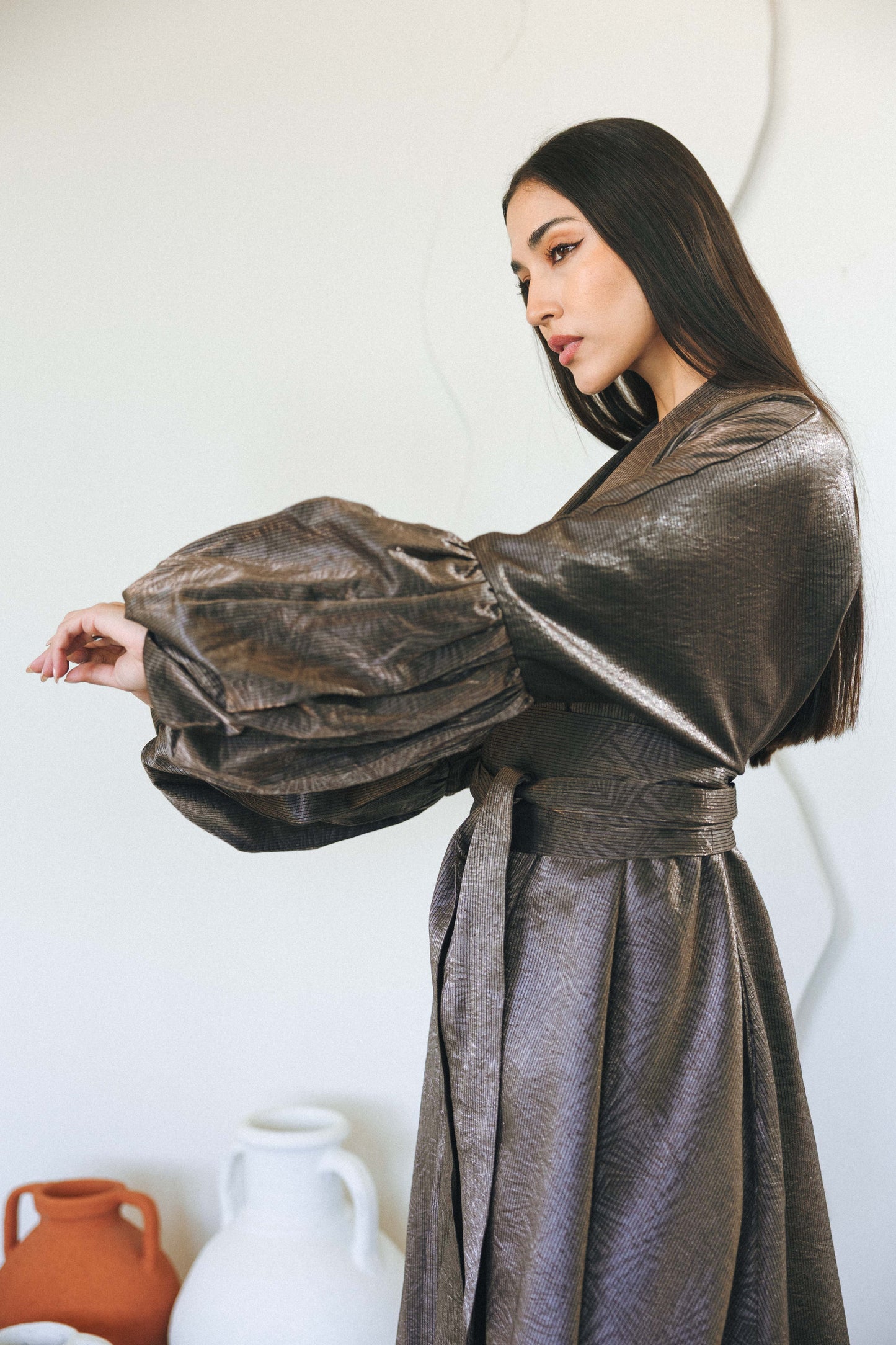 BRONZE JACQUARD BELTED kAFTAN - GRESH