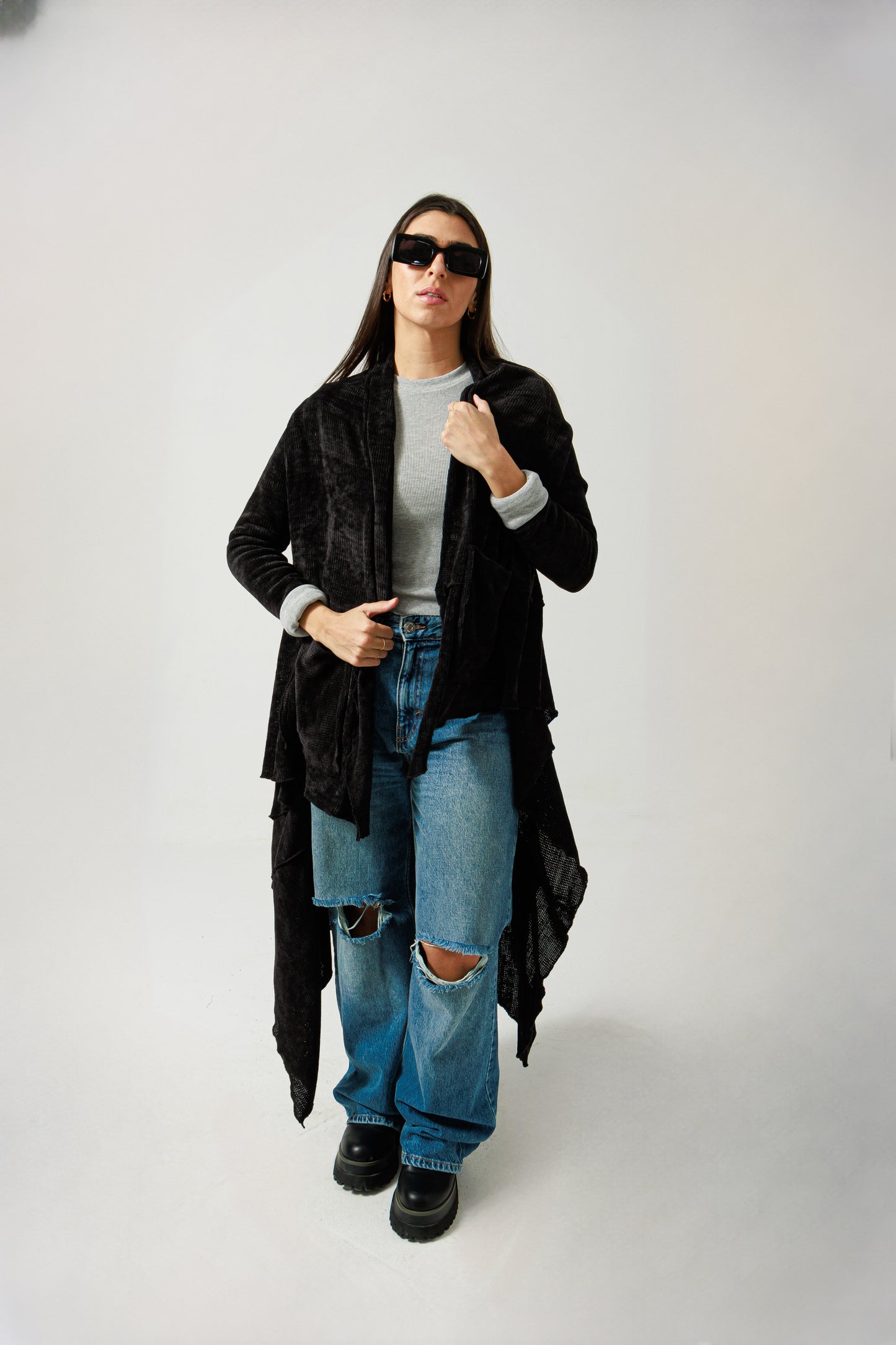 Asymmetric velvet cardigan