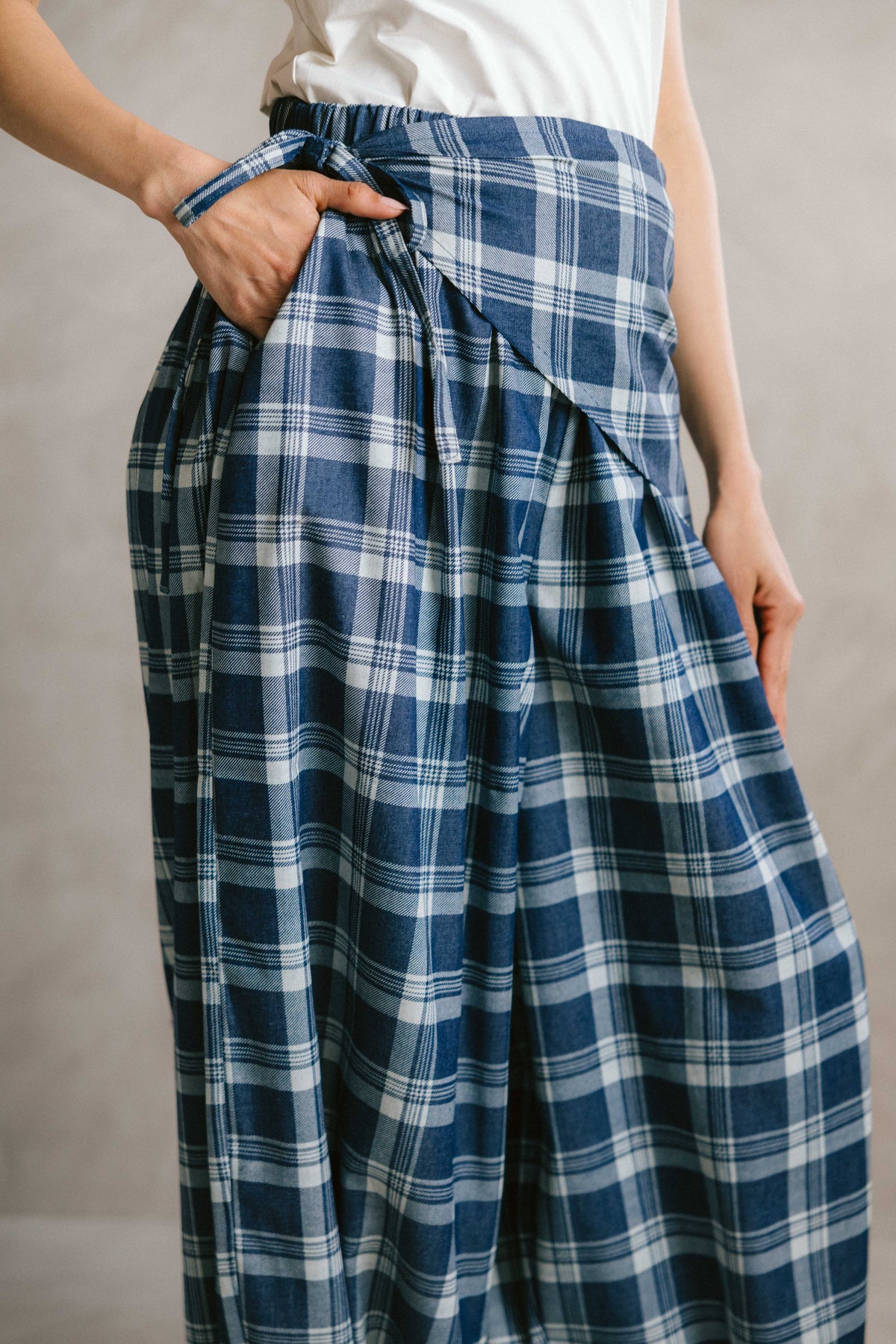 Plaid denim ease pants