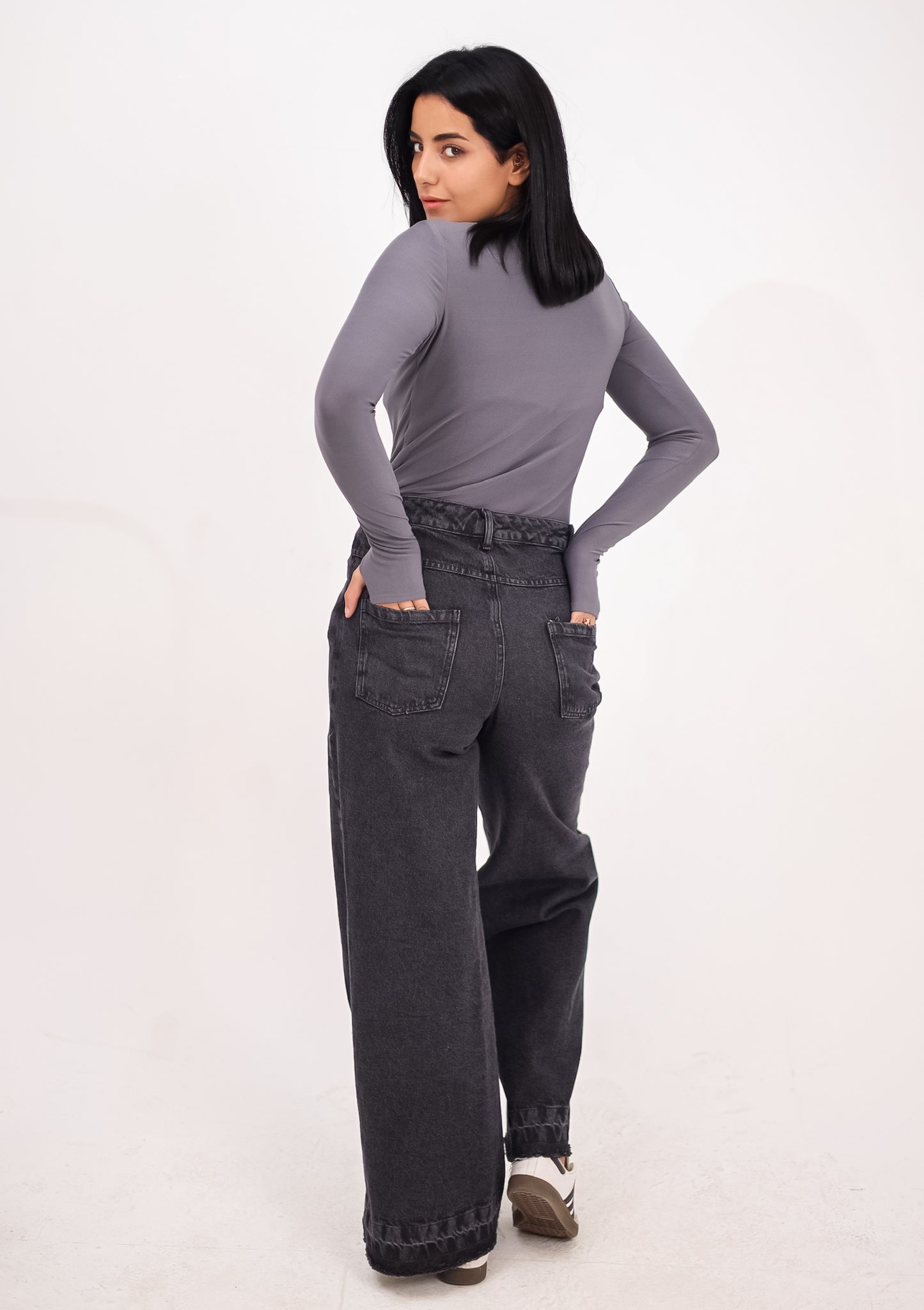 Grey Acid Wash Crossed Waist Wide Leg Jeans