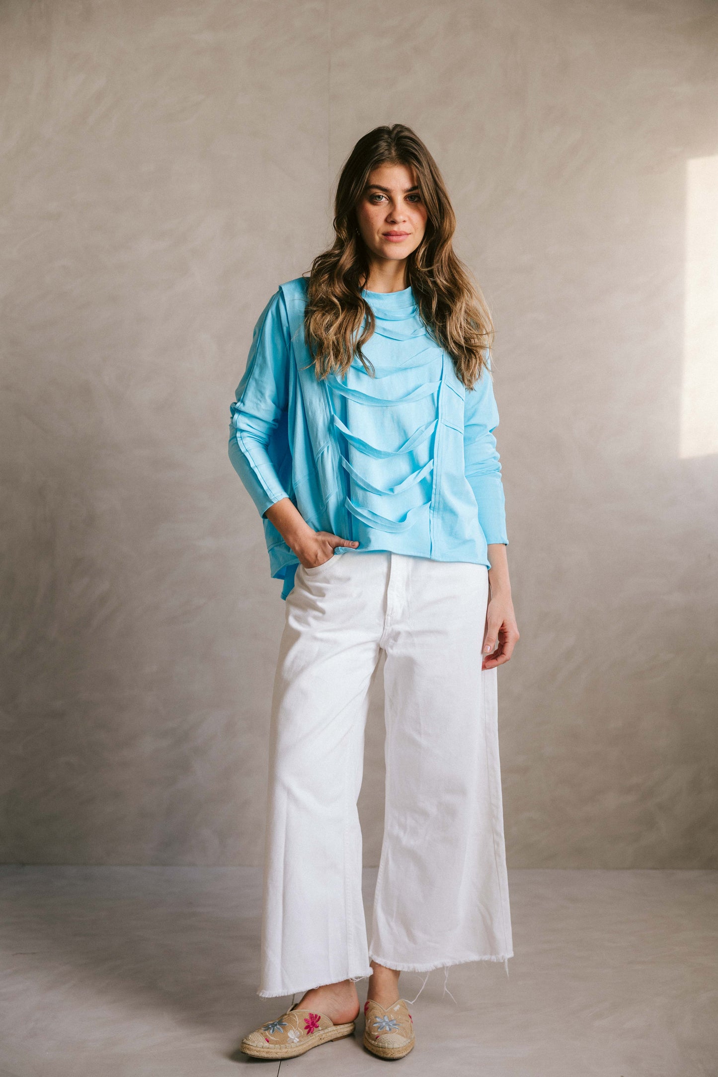 Ruched cotton t-shirt - aqua
