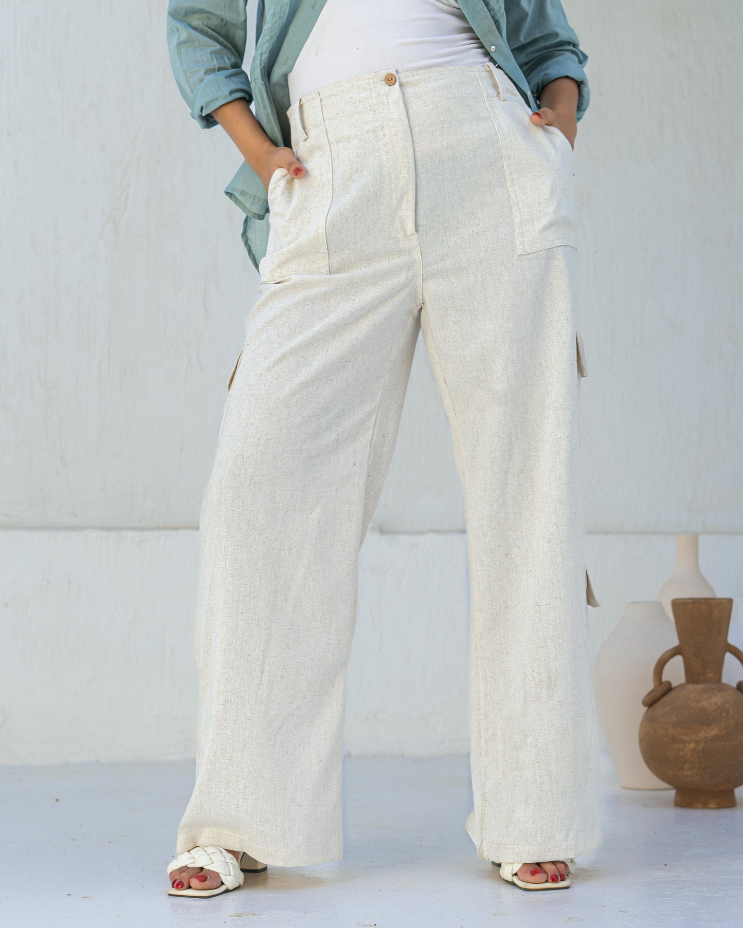 Beige Cargo linen pants