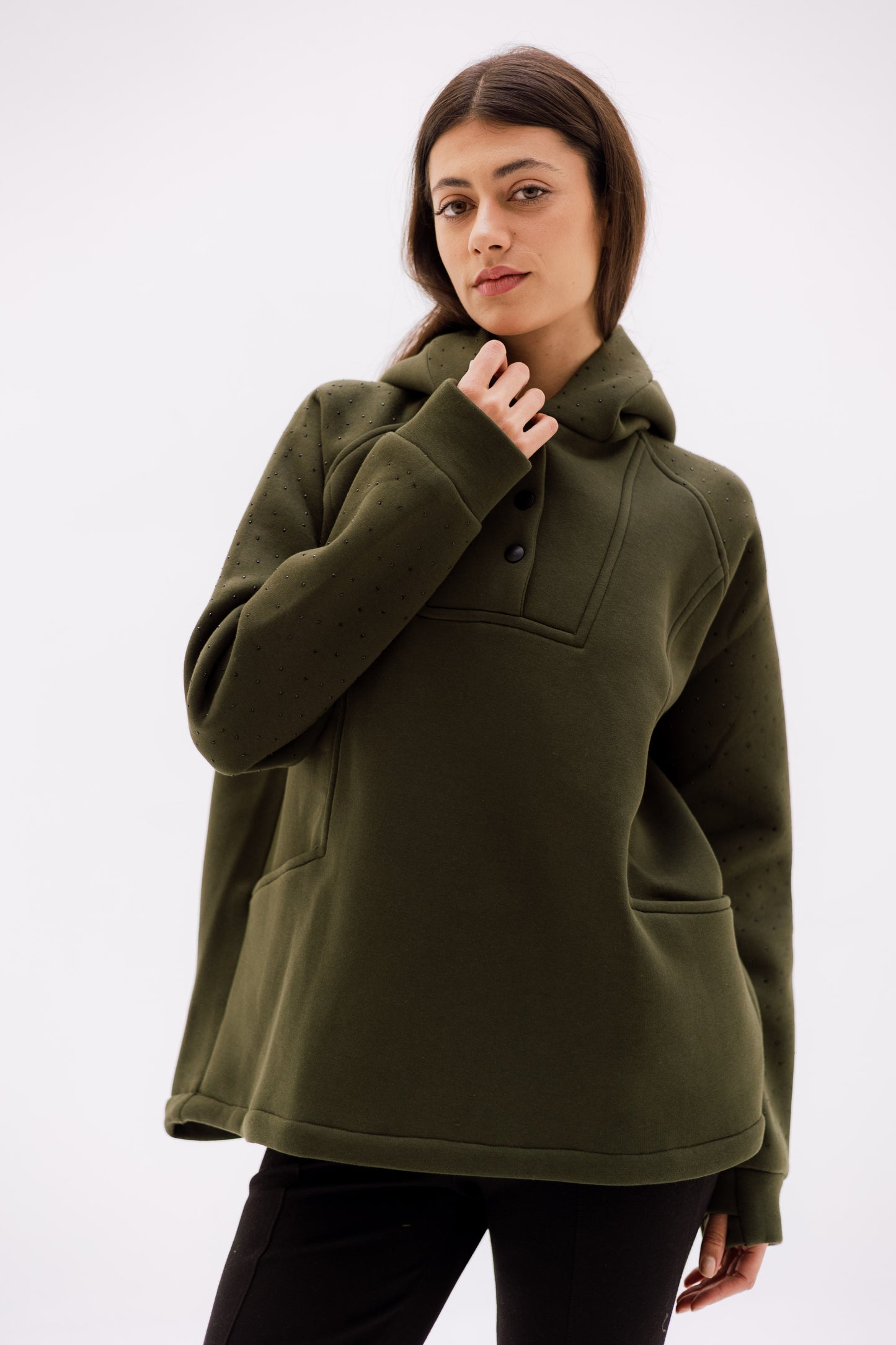 Rhinestone Whisper Hoodie - olive