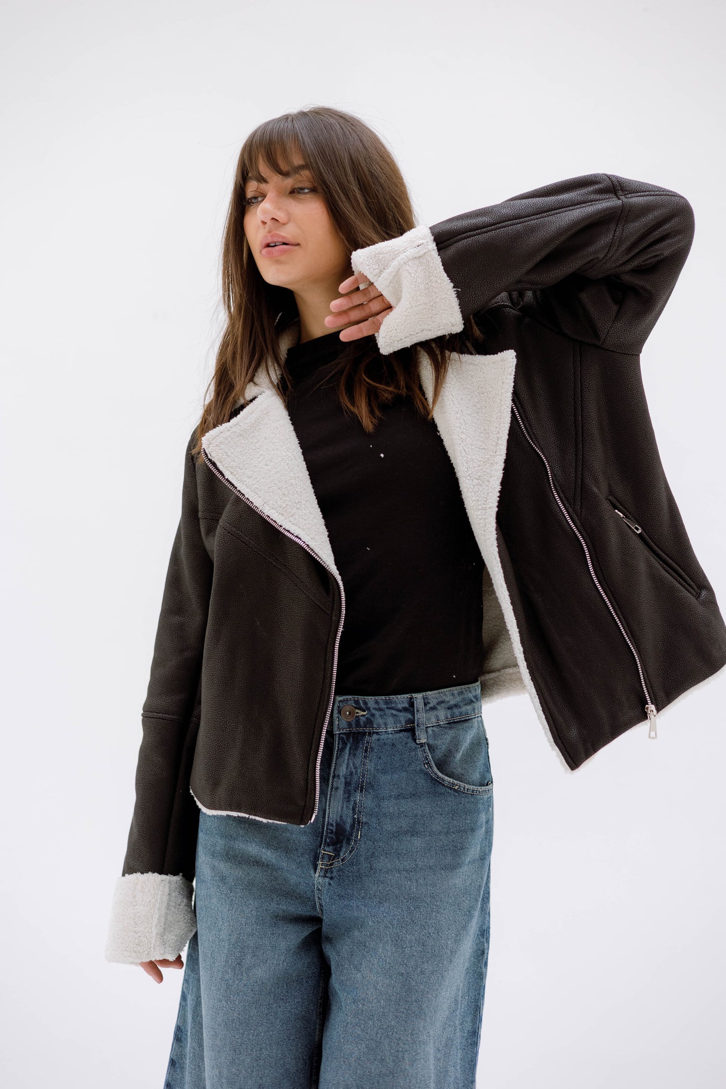 Teddy leather jacket- BLACK