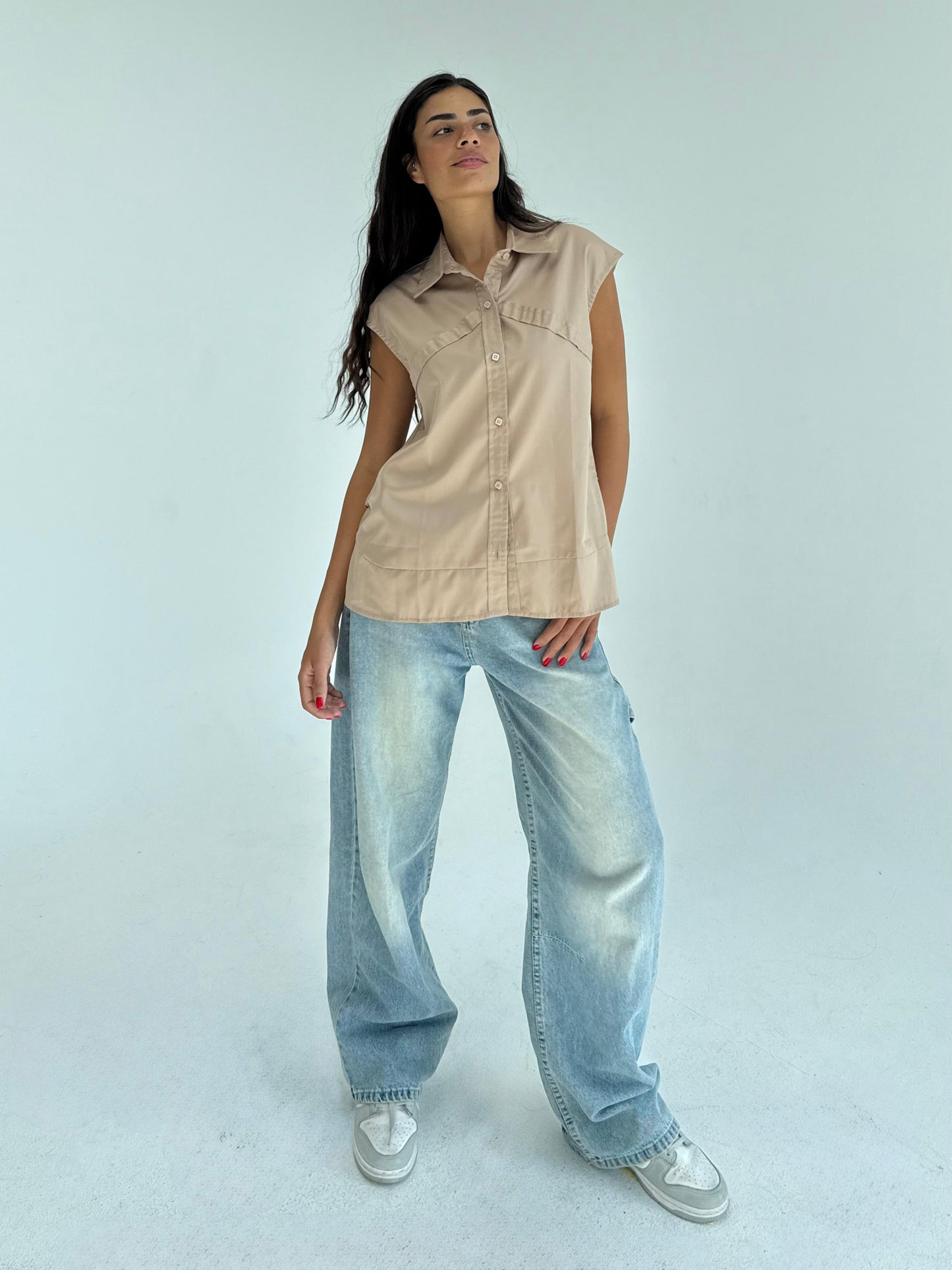 Beige Sleeveless solid Shirt