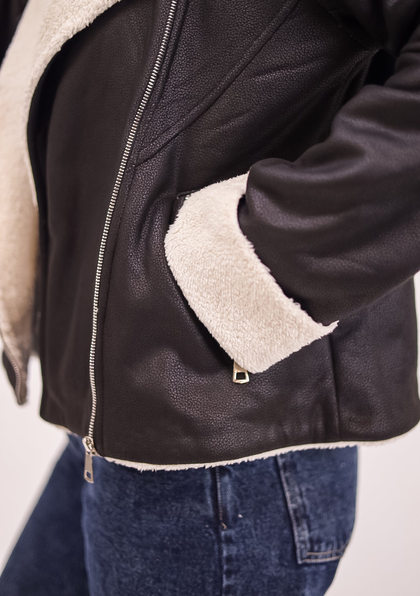 Teddy leather jacket- BLACK