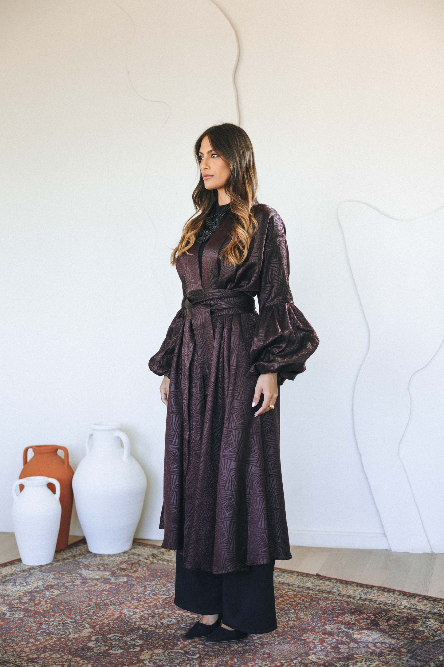 BRONZE JACQUARD BELTED kAFTAN - BURGUNDY