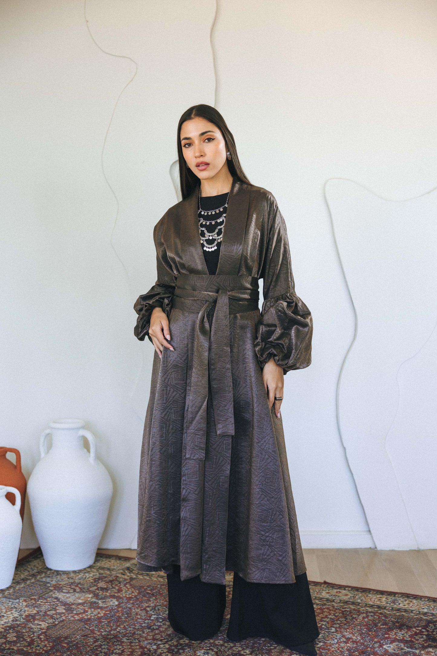 BRONZE JACQUARD BELTED kAFTAN - GRESH