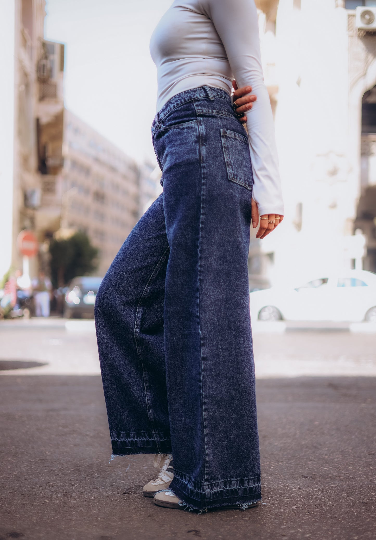 Blue Acid Wash Crossed Waist Wide Leg Jeans