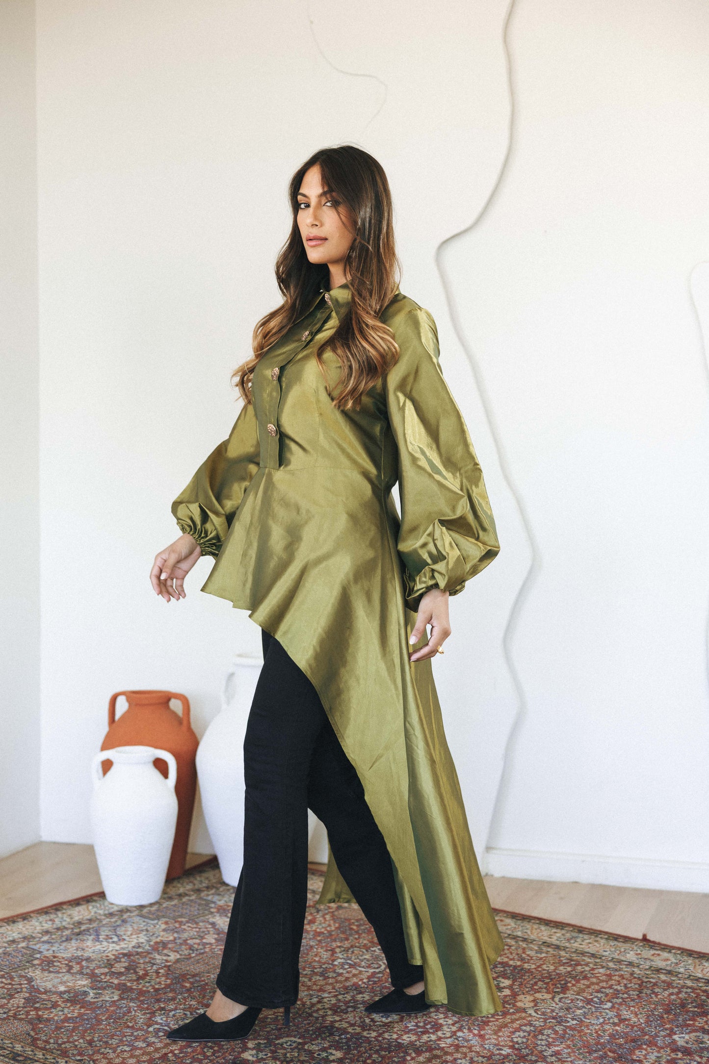 FLOW TAFFETA TOP - OLIVE