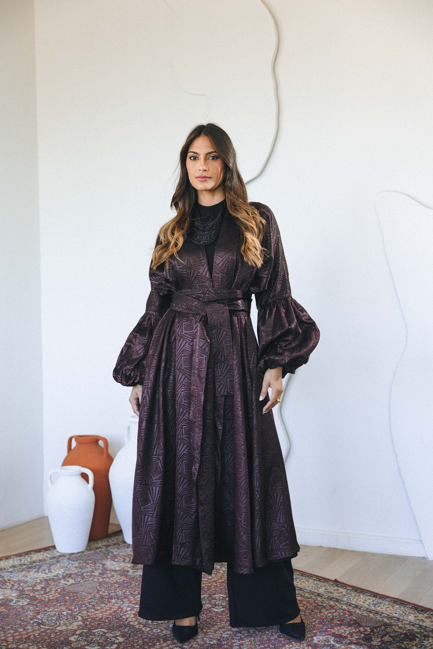 BRONZE JACQUARD BELTED kAFTAN - BURGUNDY
