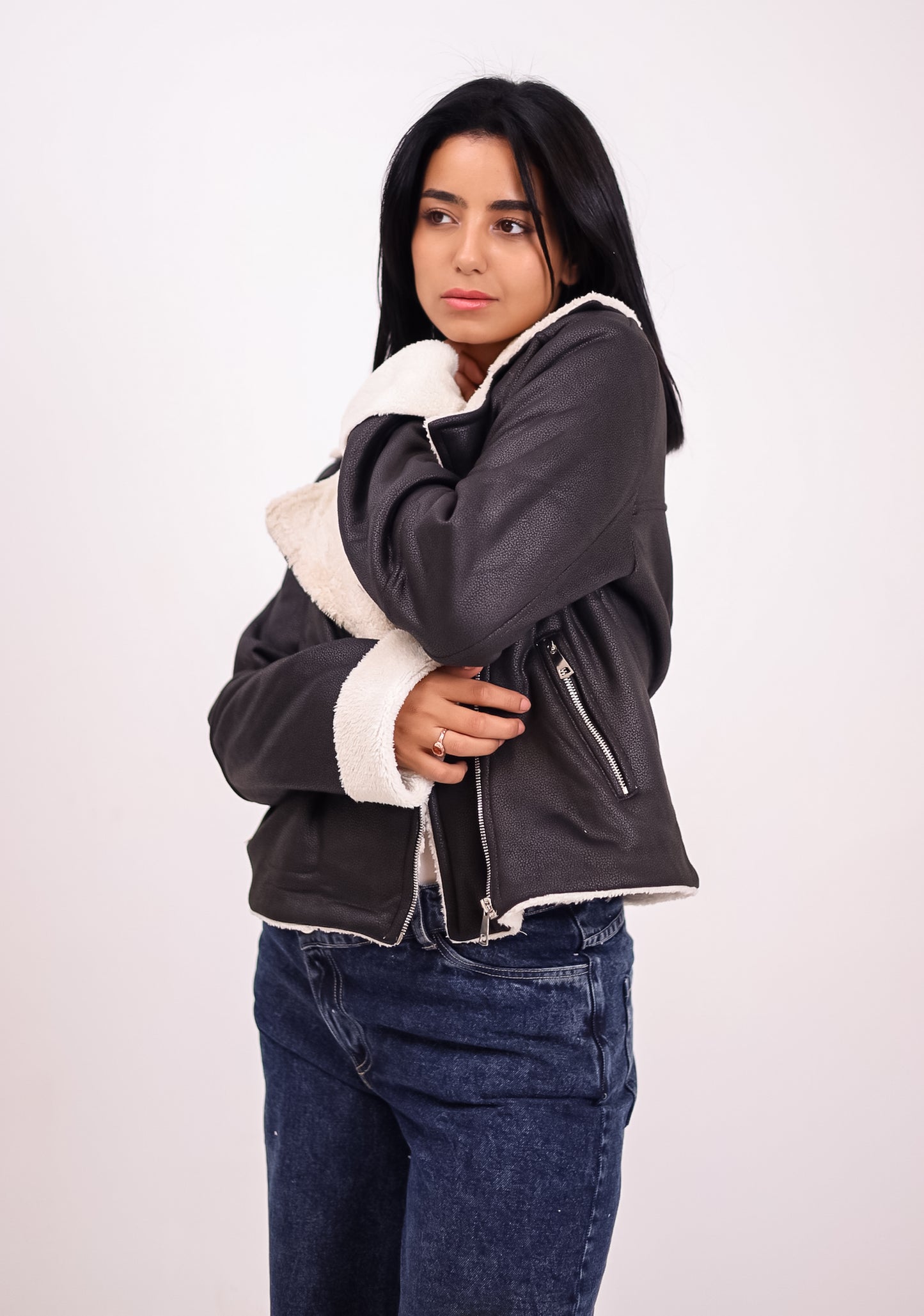 Teddy leather jacket- BLACK