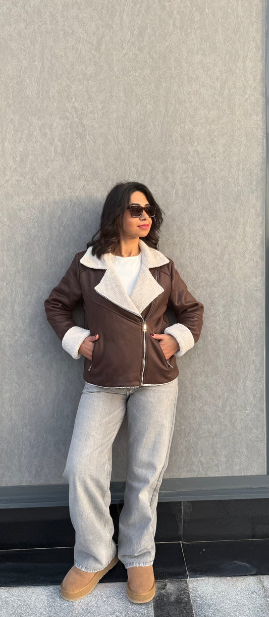 Teddy leather jacket - BROWN