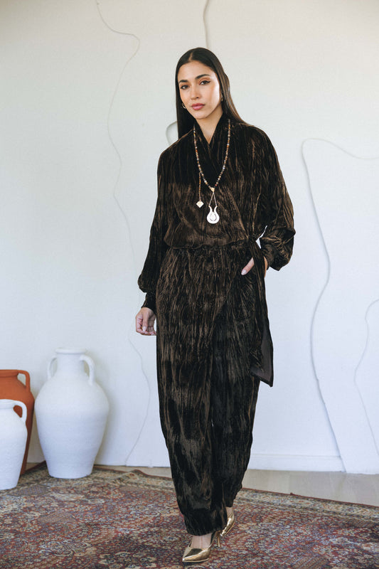 VELVET JUMPSUIT- BROWN