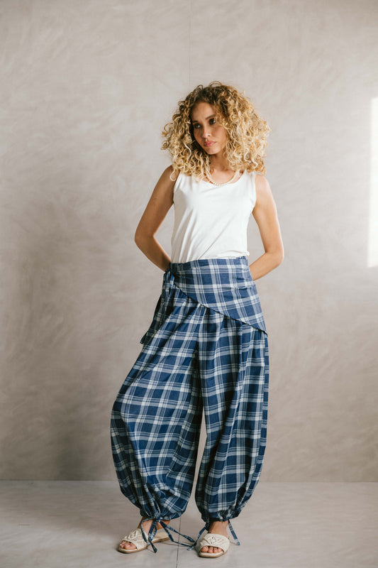 Plaid denim ease pants