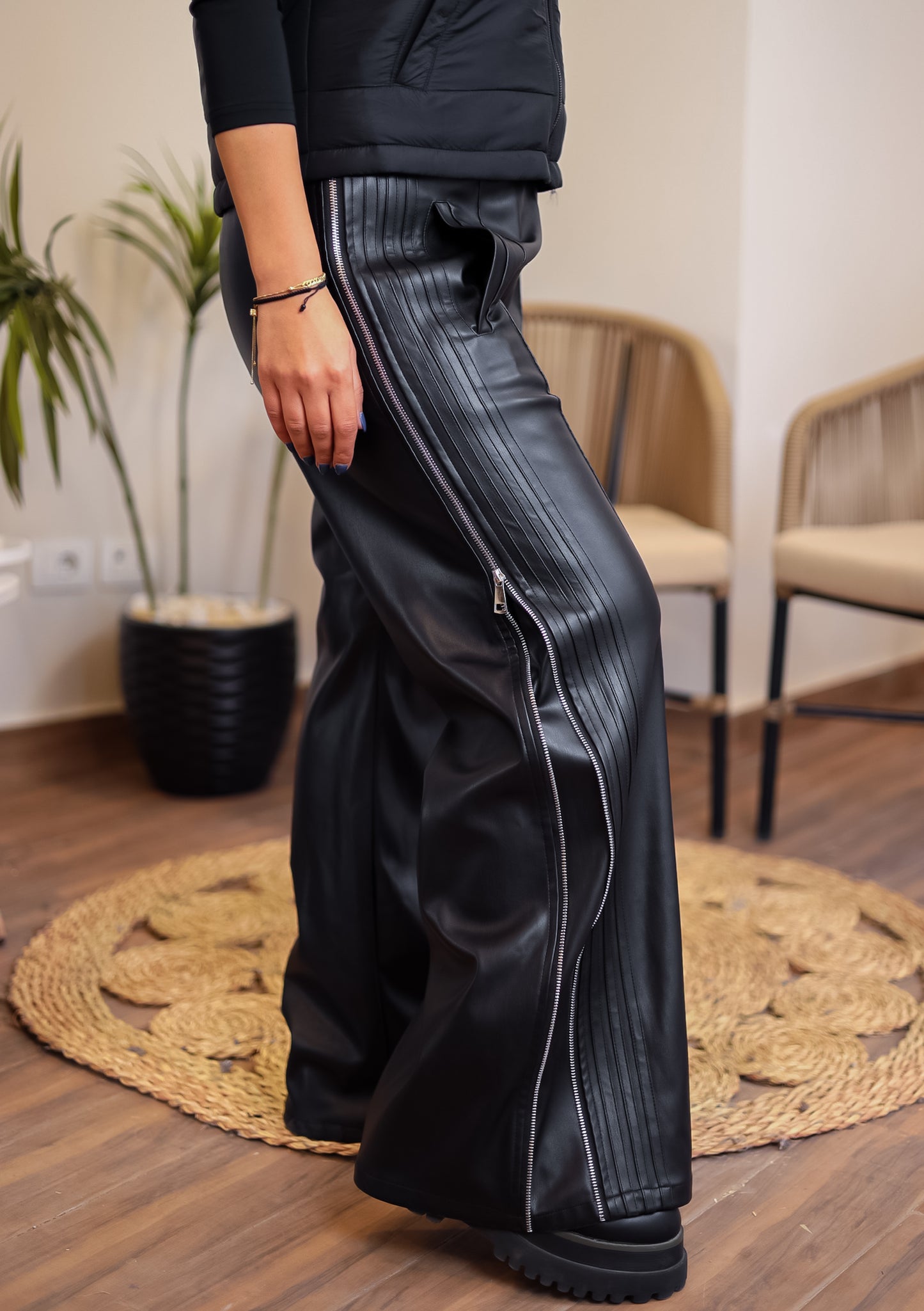 Zipper leather pants - BLACK