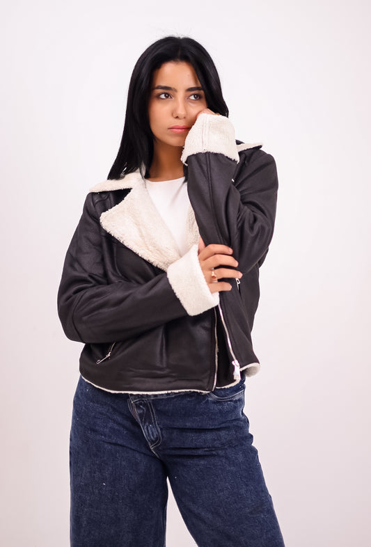 Teddy leather jacket- BLACK