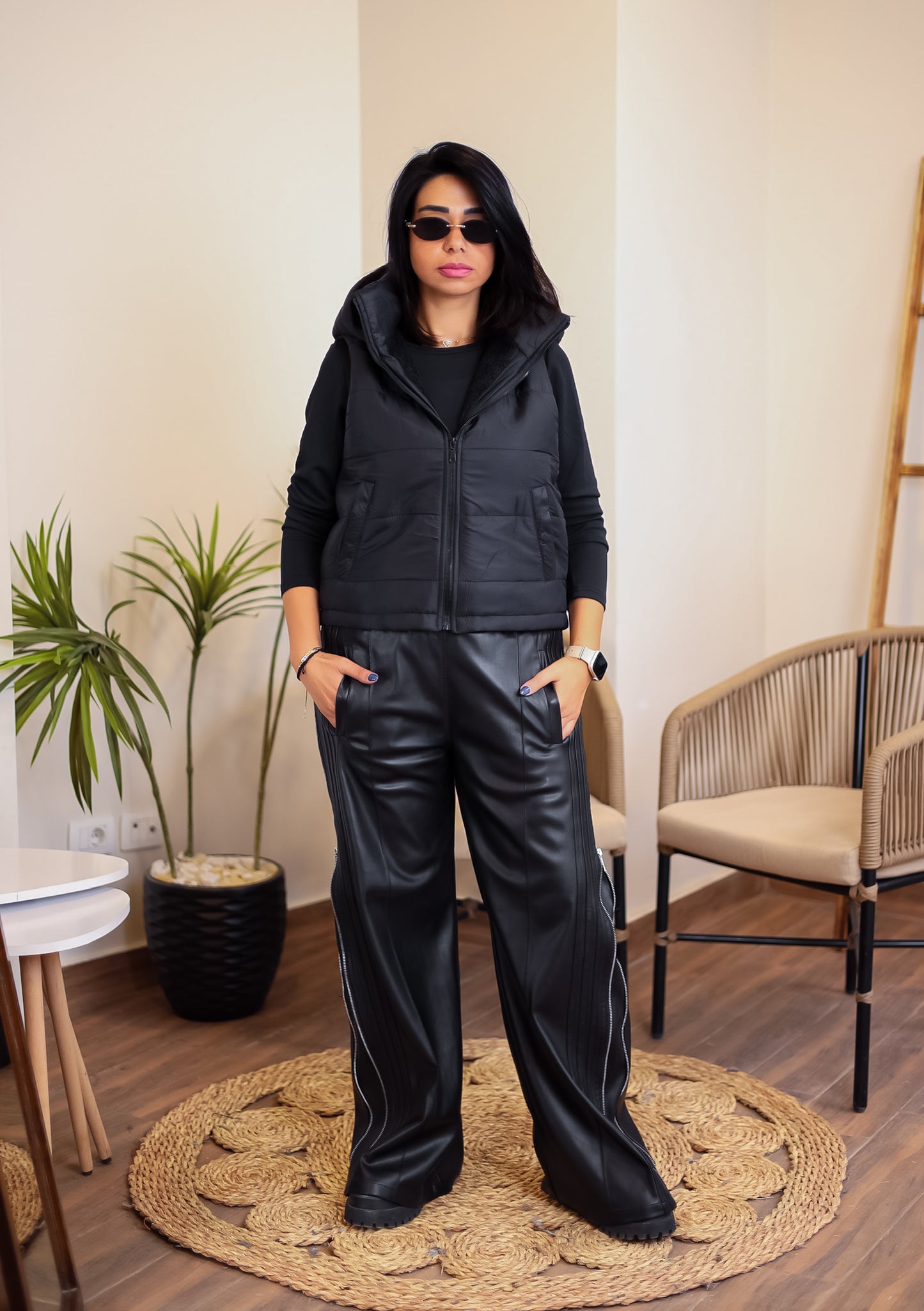 Zipper leather pants - BLACK