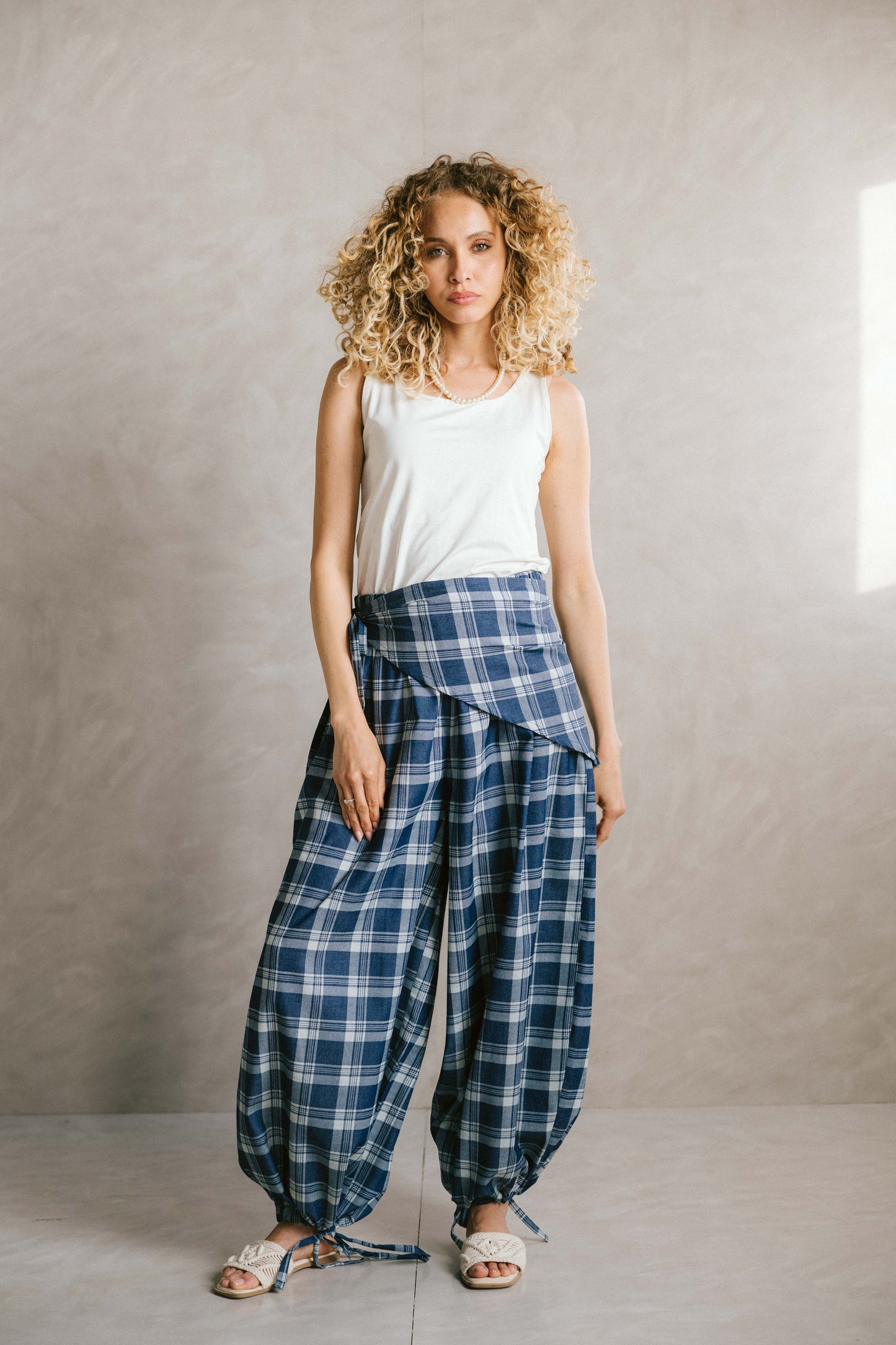 Plaid denim ease pants