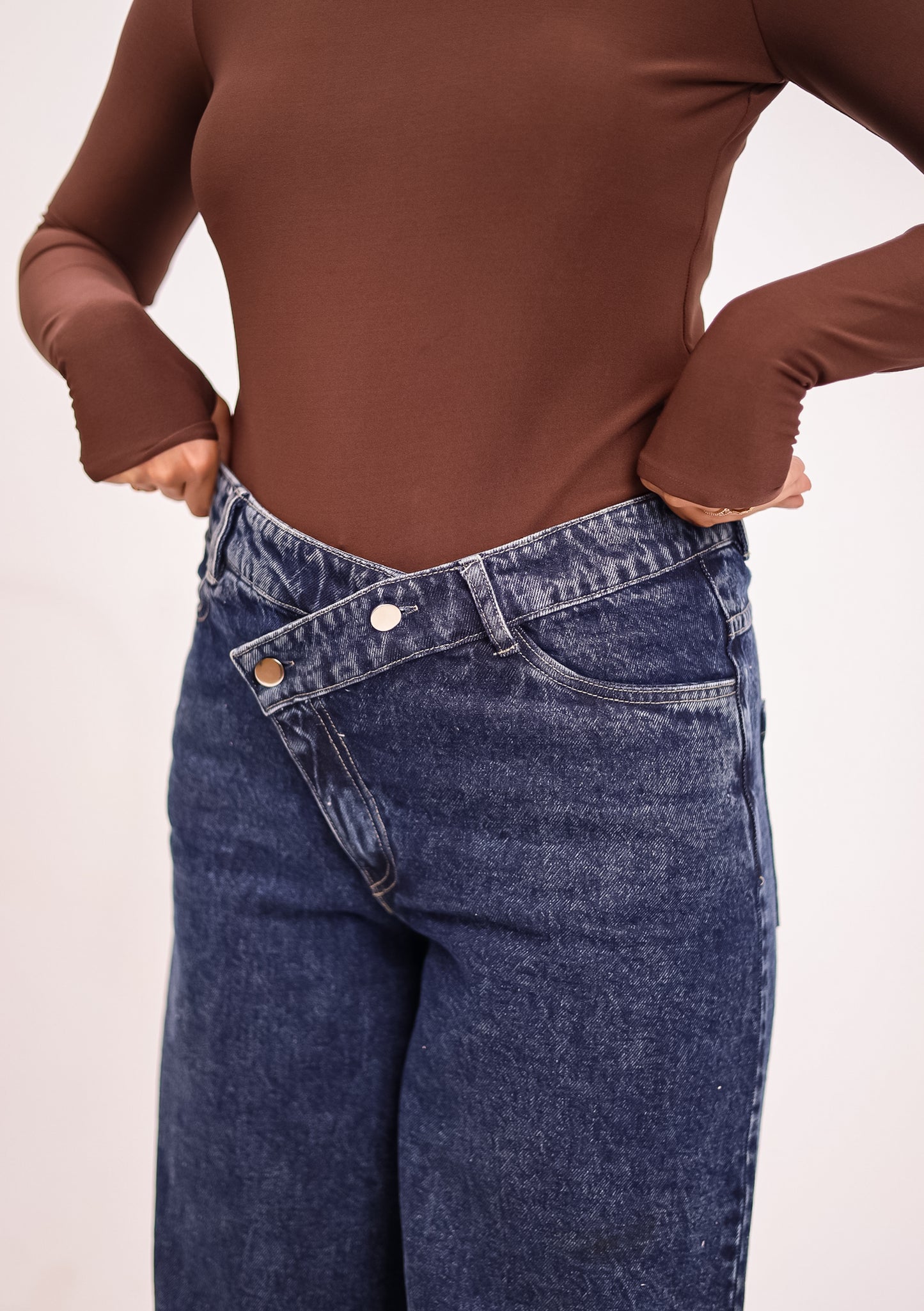 Blue Acid Wash Crossed Waist Wide Leg Jeans