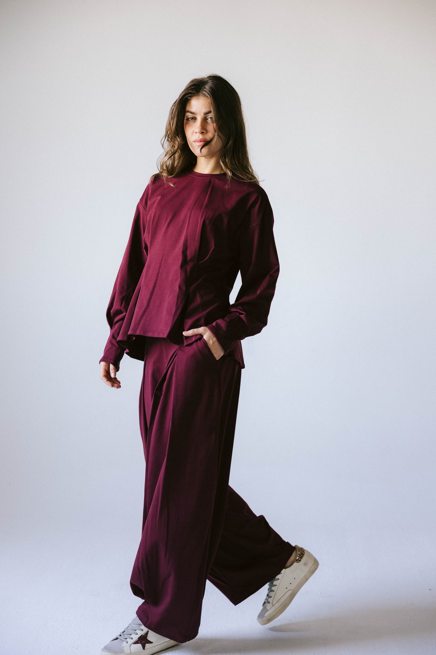 Pleats cotton set - burgundy