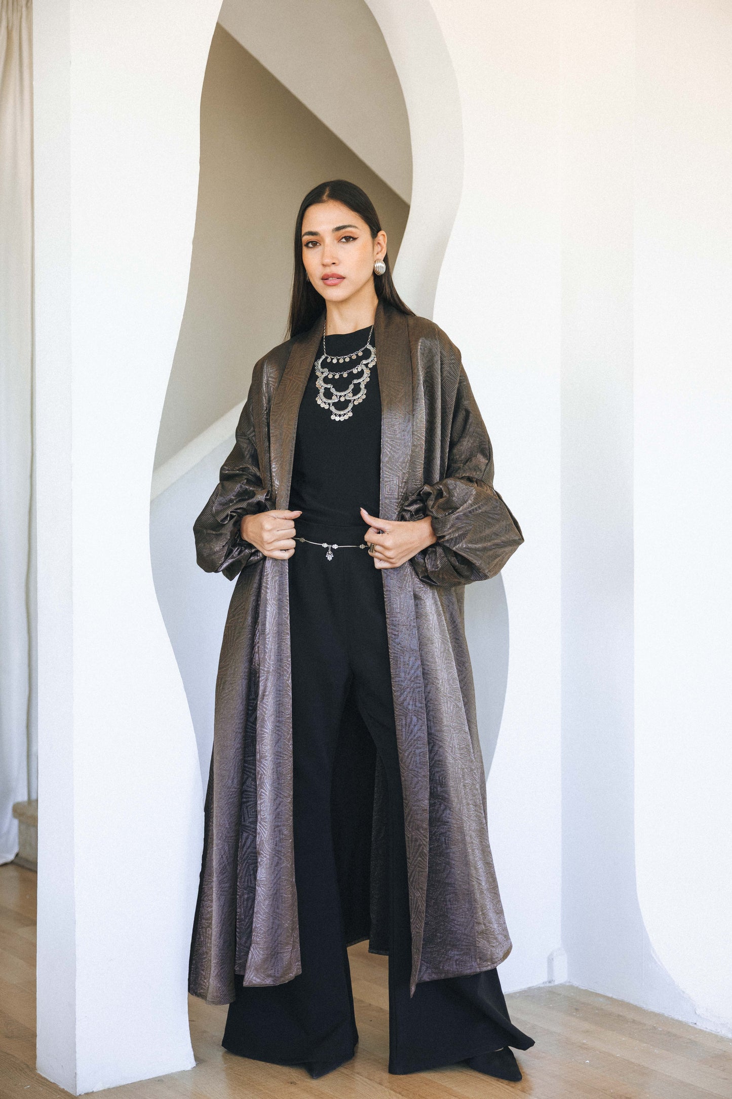 BRONZE JACQUARD BELTED kAFTAN - GRESH