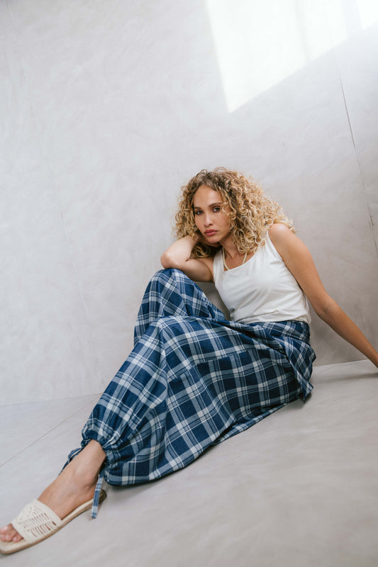 Plaid denim ease pants