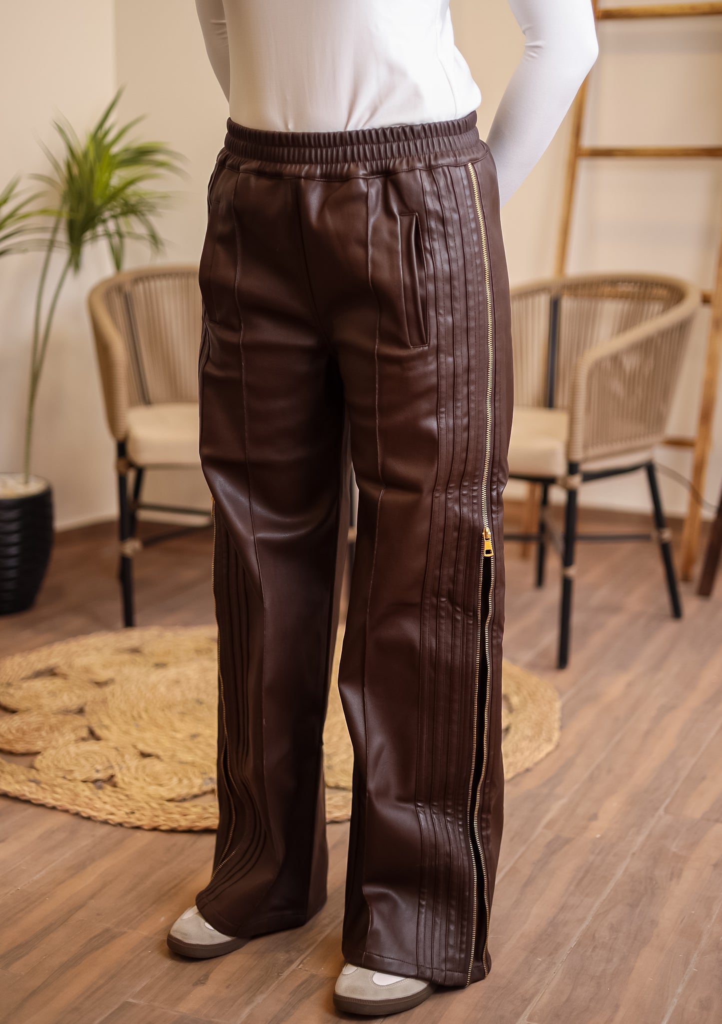 Zipper leather pants - BROWN