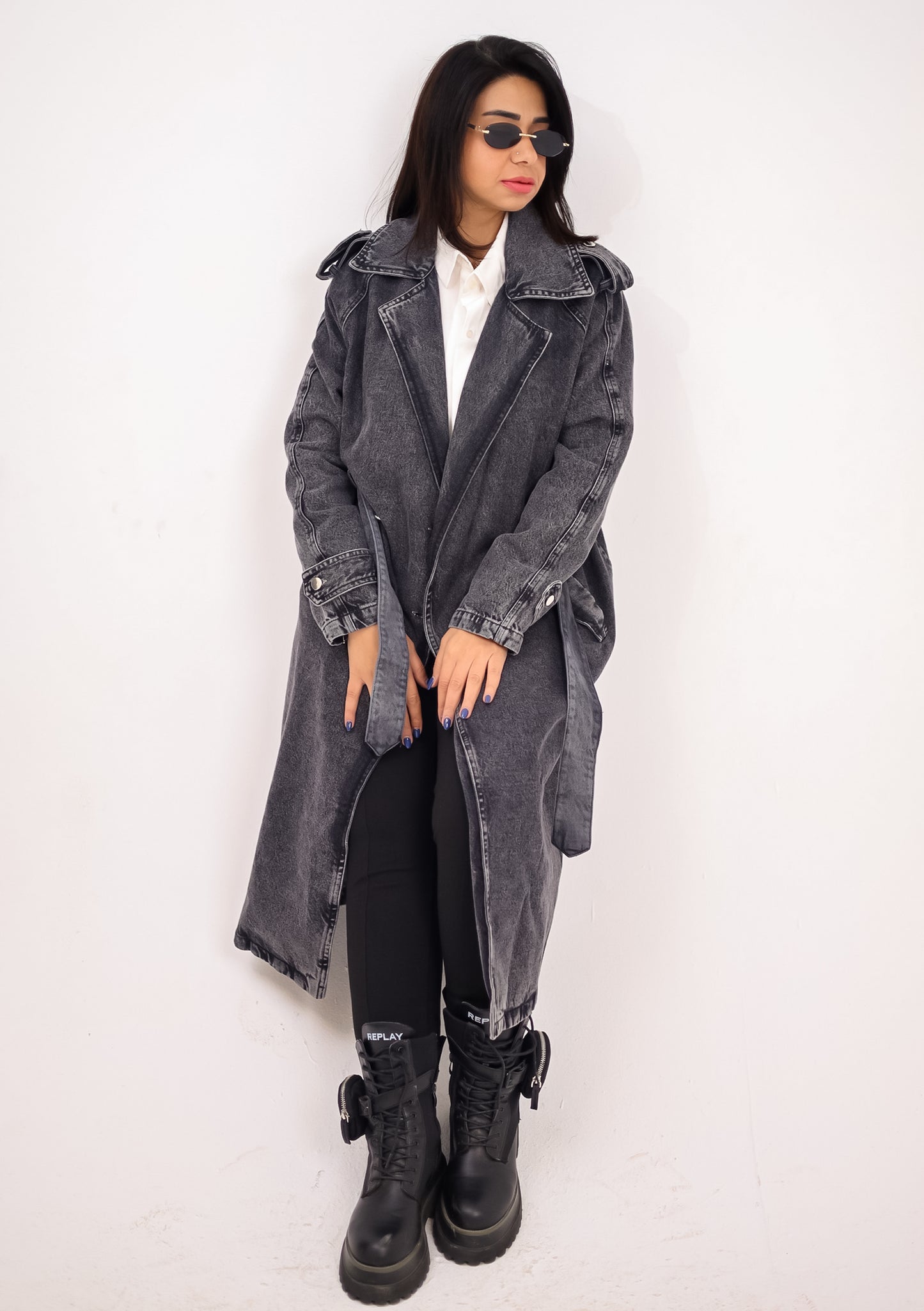 Denim trench coat - BLACK