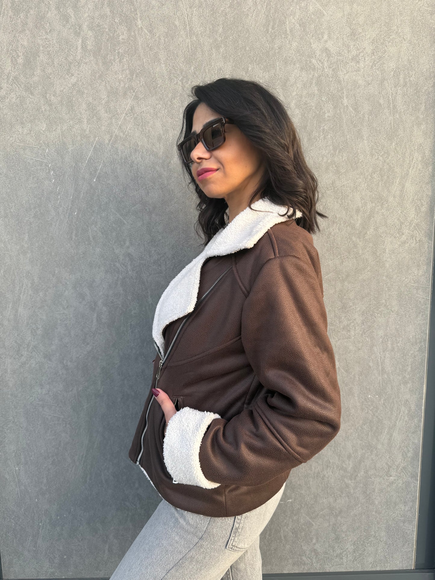 Teddy leather jacket - BROWN