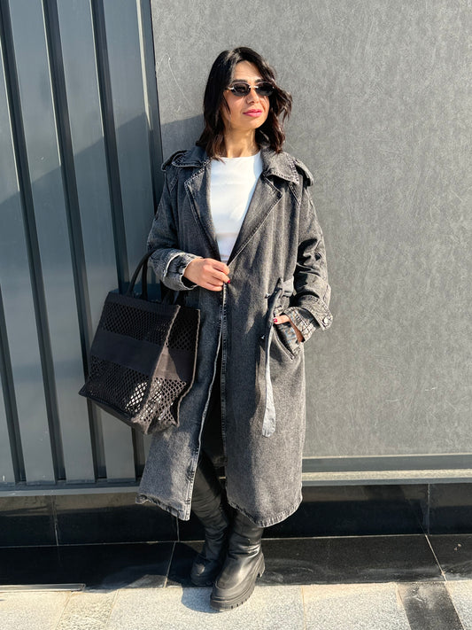 Denim trench coat - BLACK