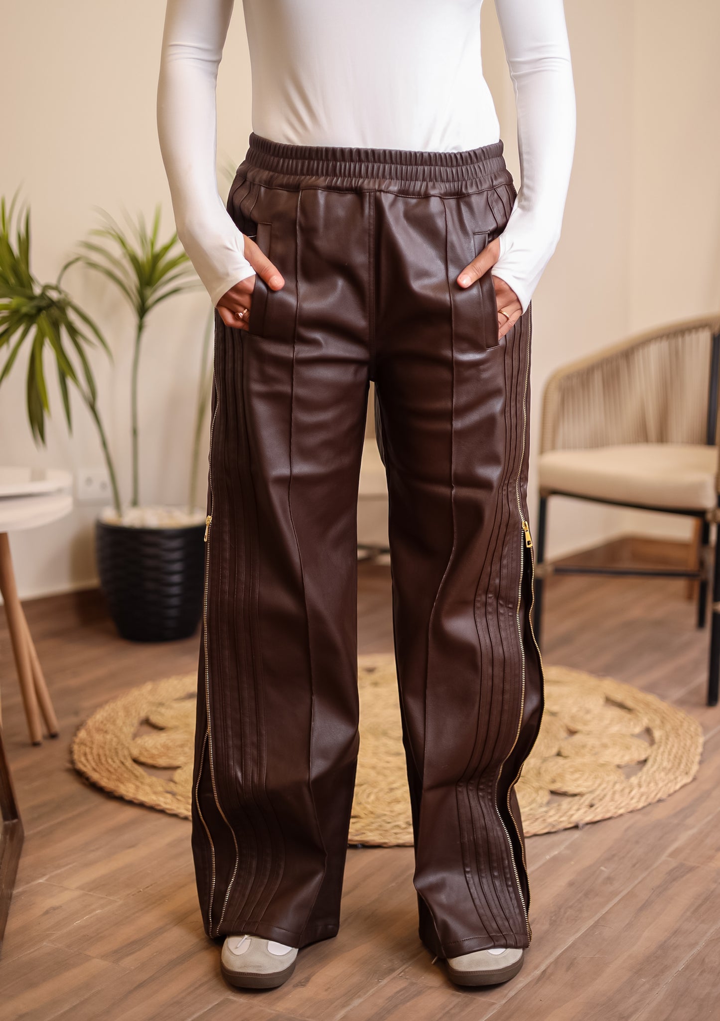 Zipper leather pants - BROWN