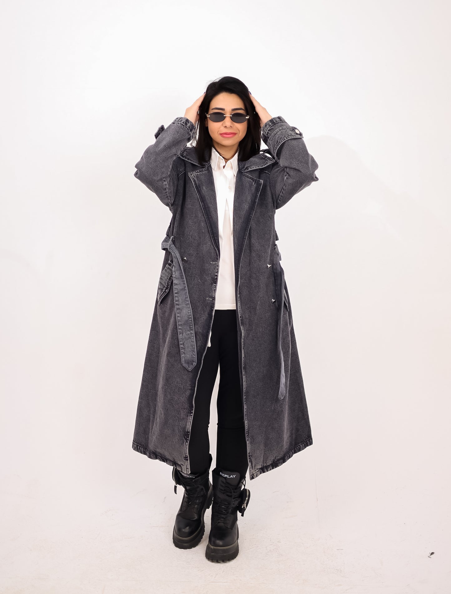 Denim trench coat - BLACK