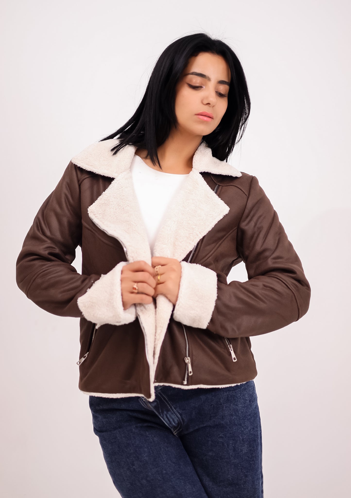 Teddy leather jacket - BROWN