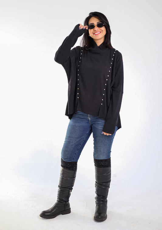 Studded knit top - BLACK