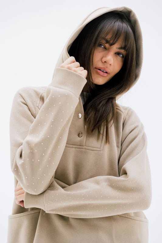 Rhinestone Whisper Hoodie - beige