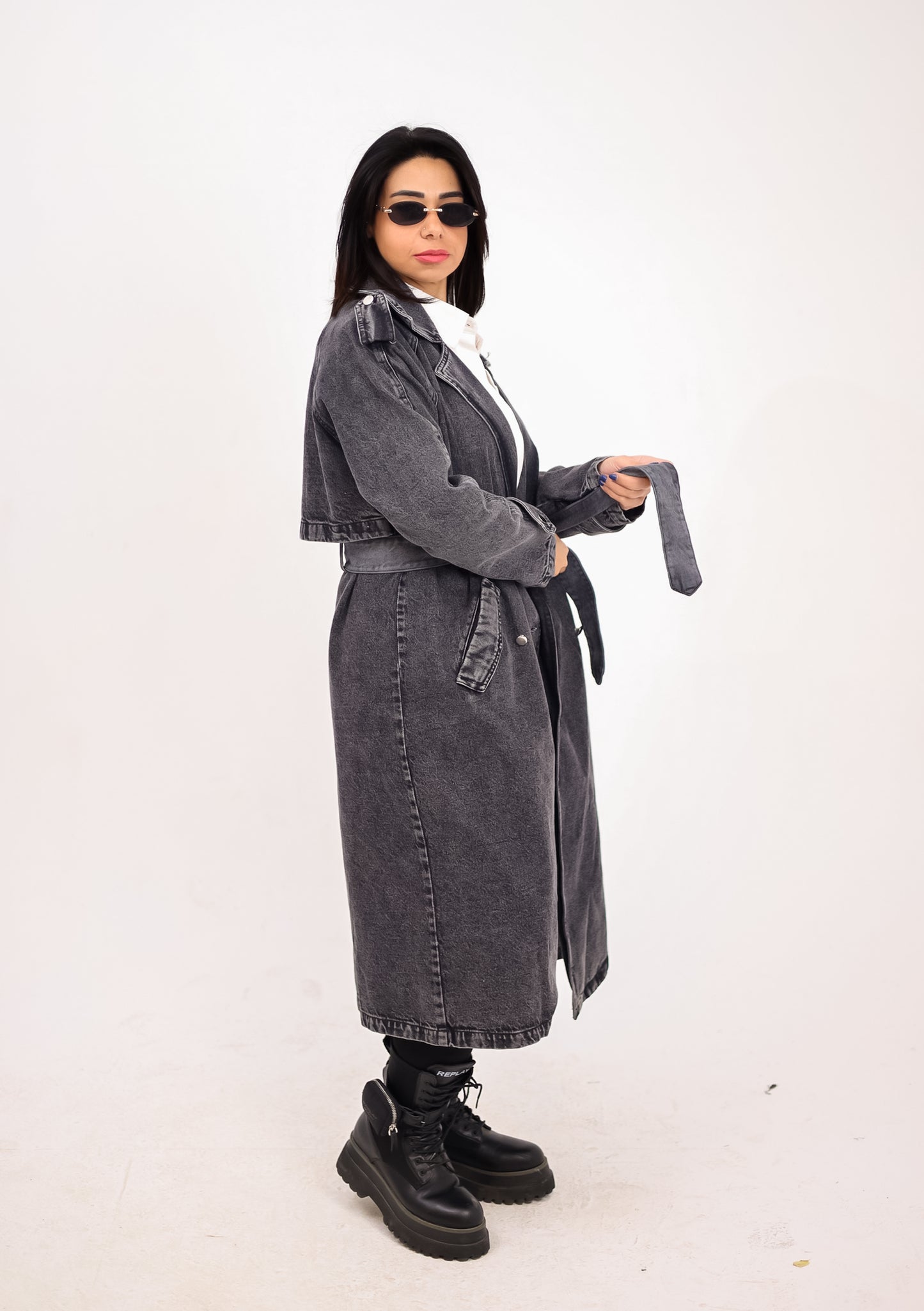 Denim trench coat - BLACK