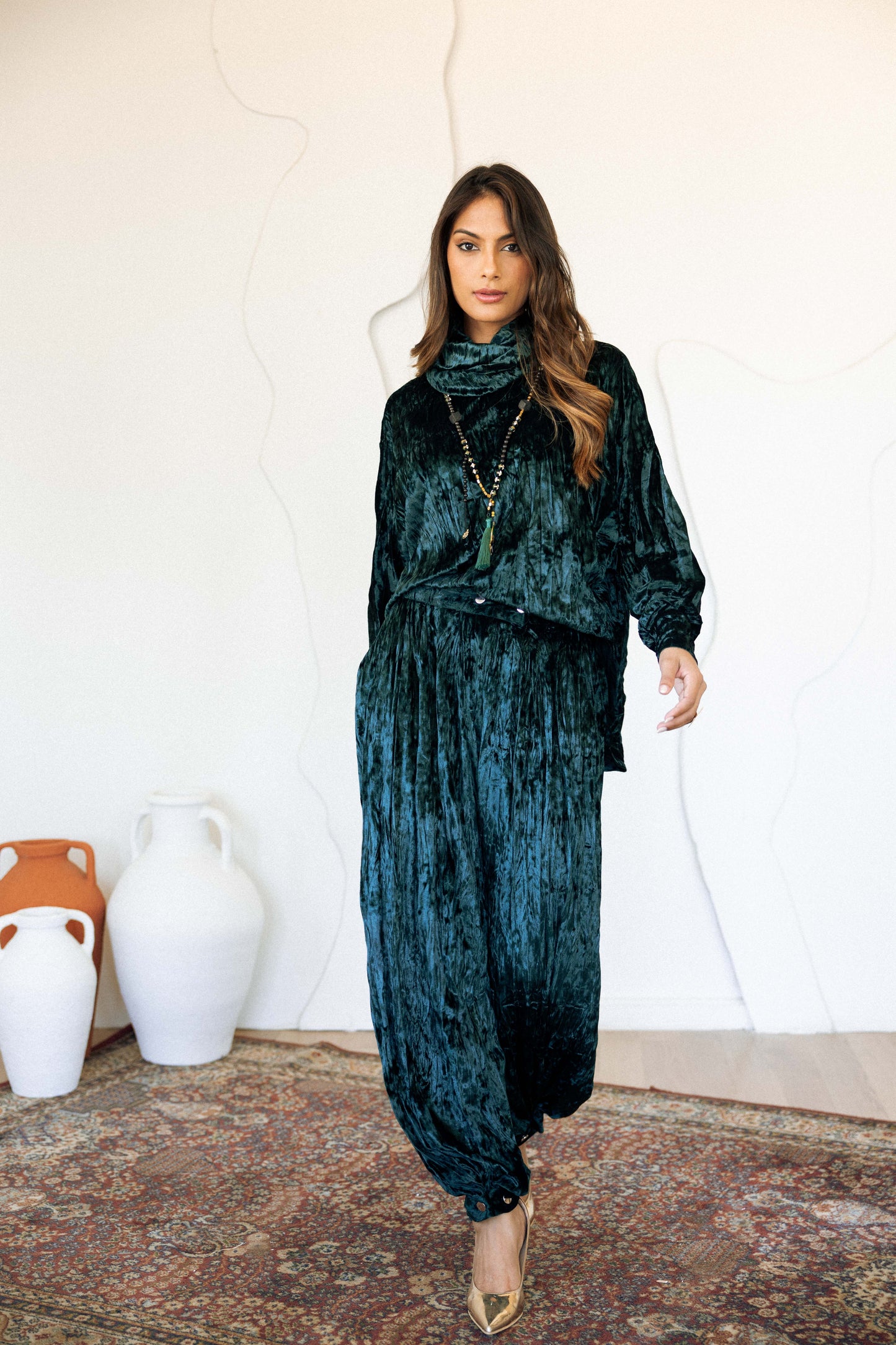 CRINKLED VELVET SET - EMERALD GREEN