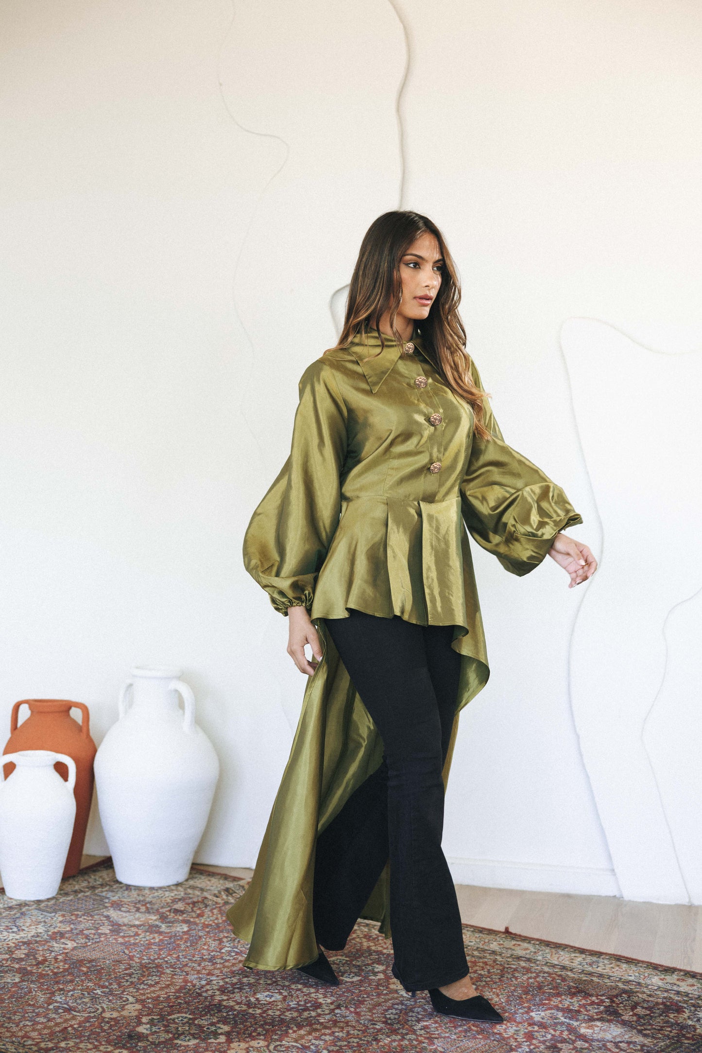 FLOW TAFFETA TOP - OLIVE