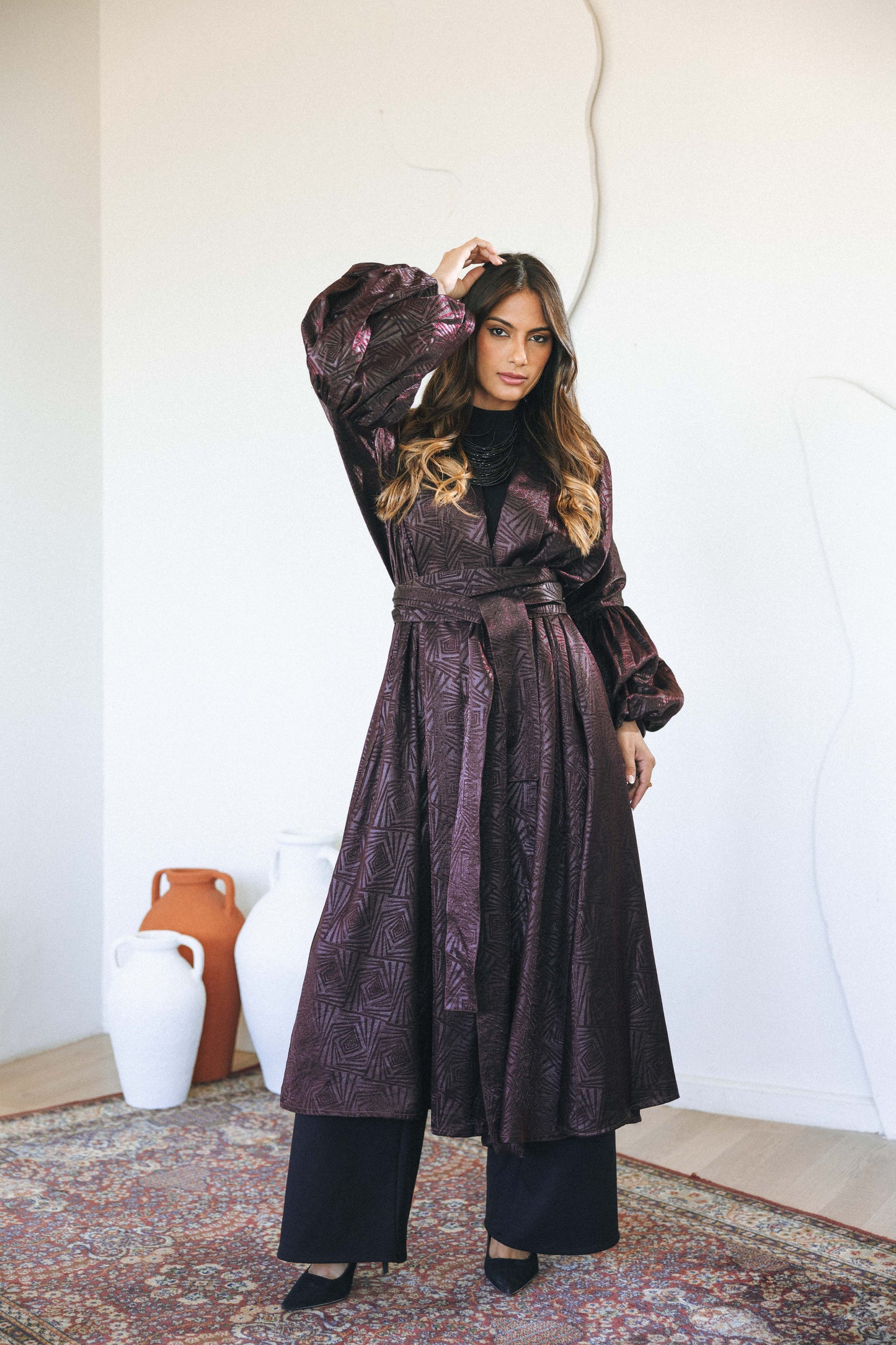 BRONZE JACQUARD BELTED kAFTAN - BURGUNDY
