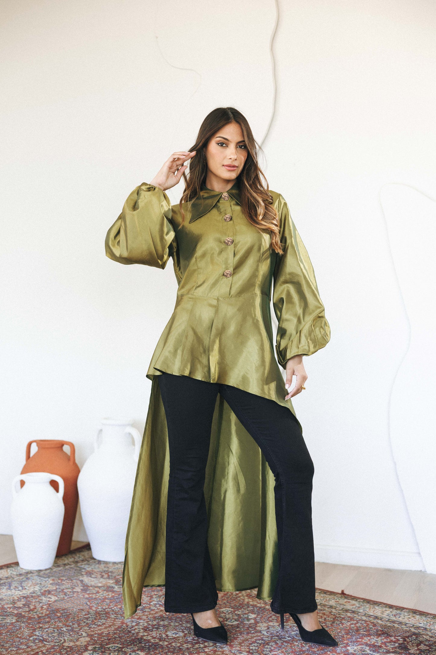 FLOW TAFFETA TOP - OLIVE