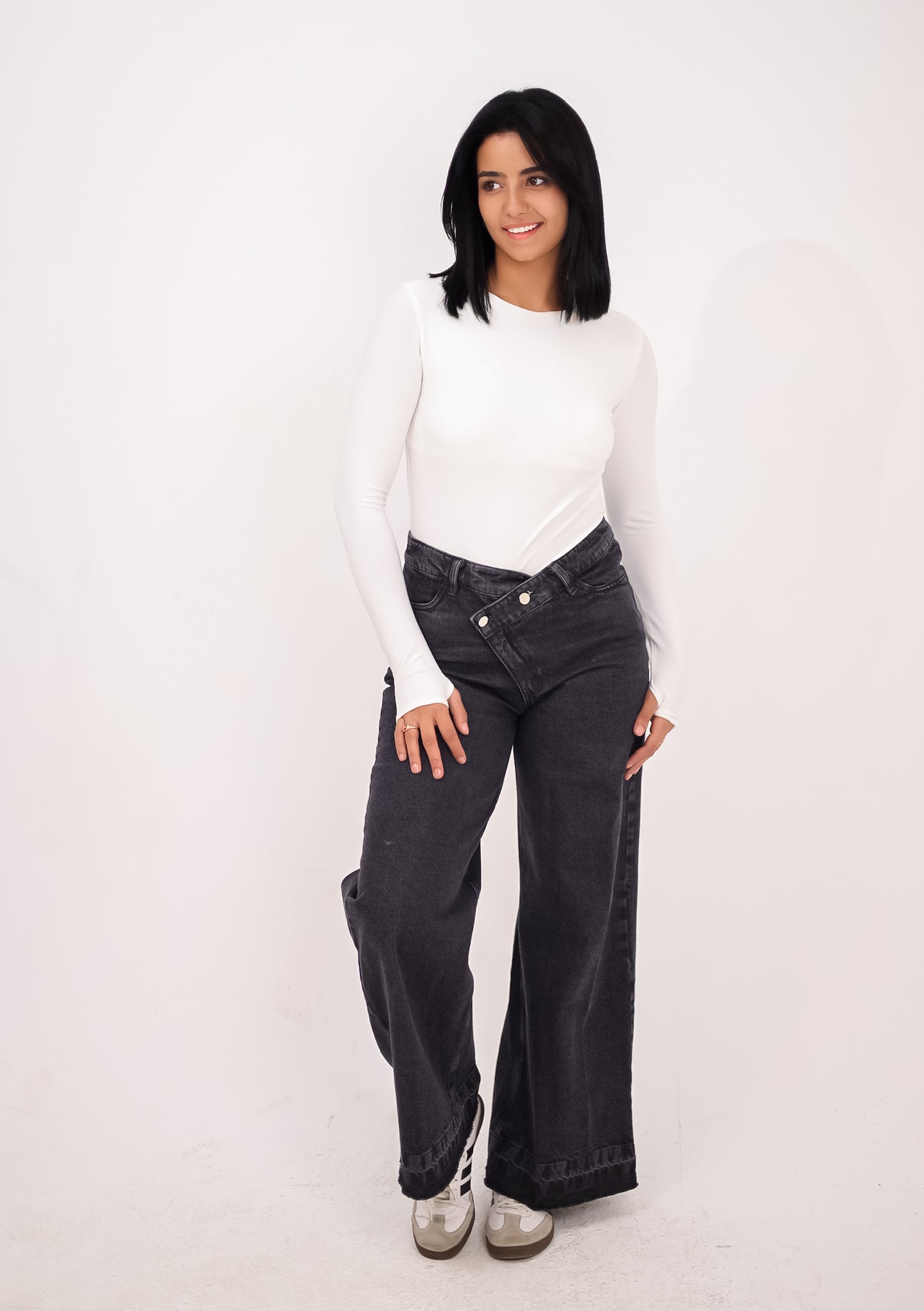 Grey Acid Wash Crossed Waist Wide Leg Jeans