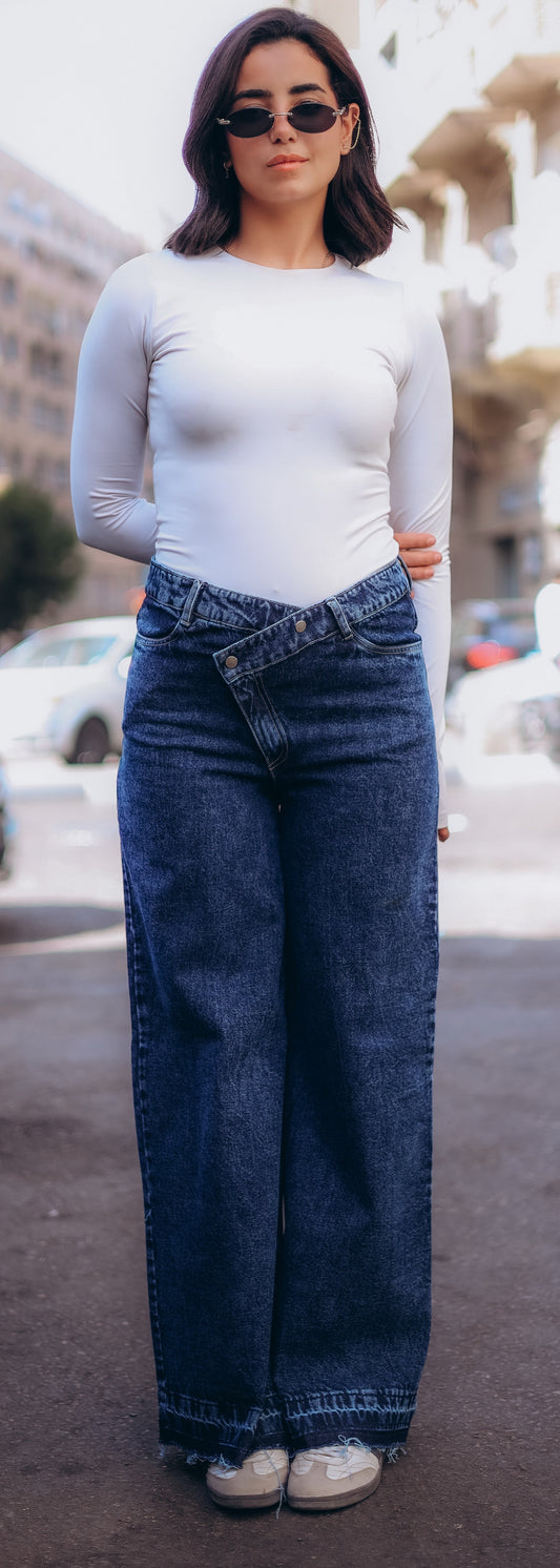 Blue Acid Wash Crossed Waist Wide Leg Jeans
