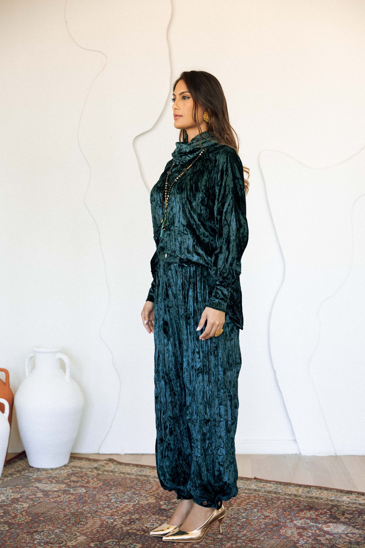 CRINKLED VELVET SET - EMERALD GREEN