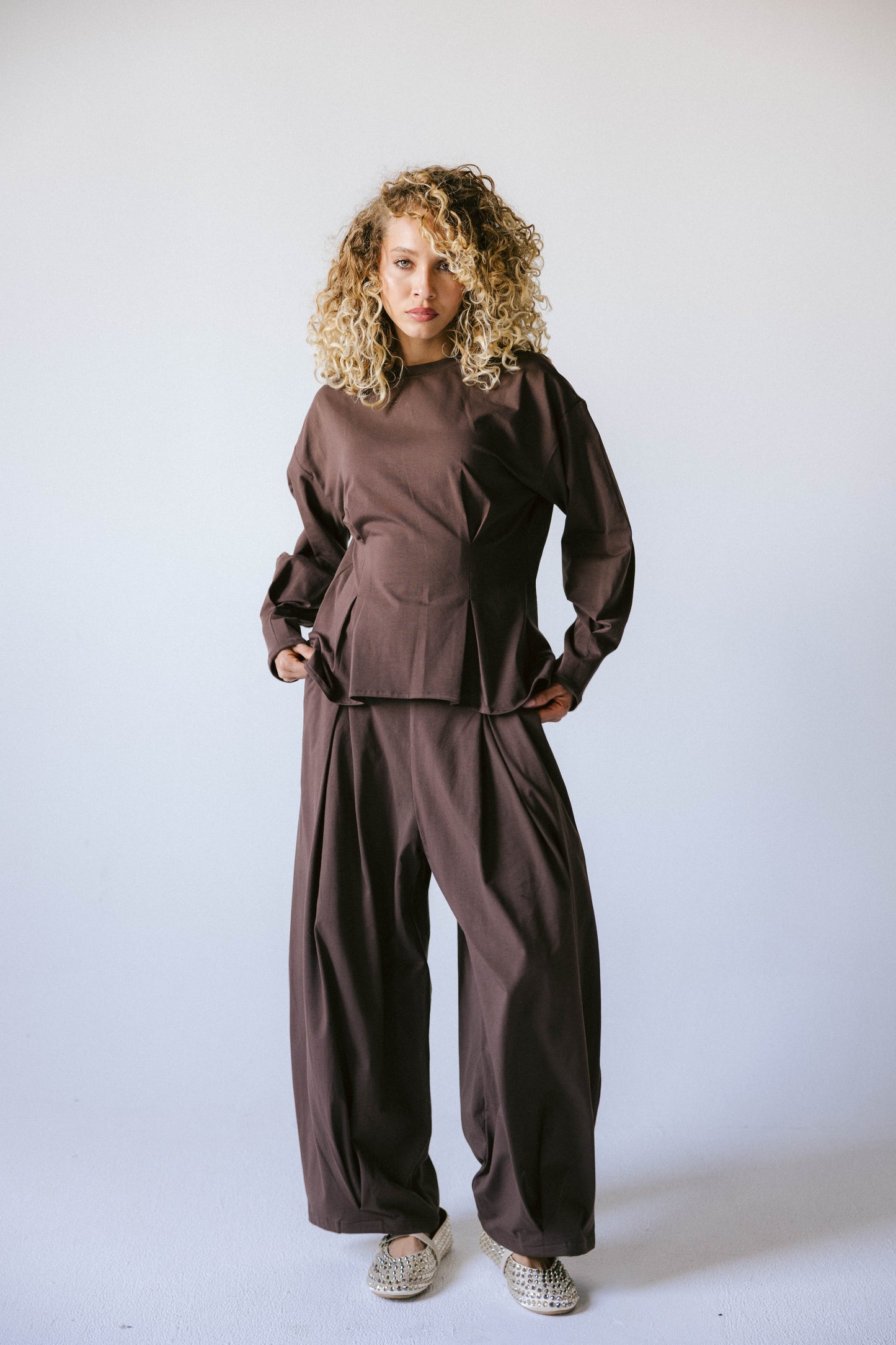 Pleats cotton set - brown