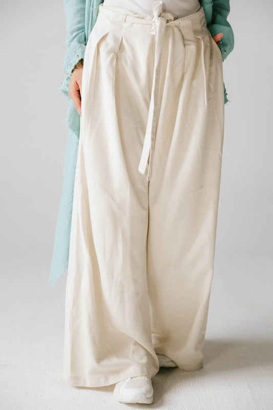 Pleated tie-waisted linen pants - beige