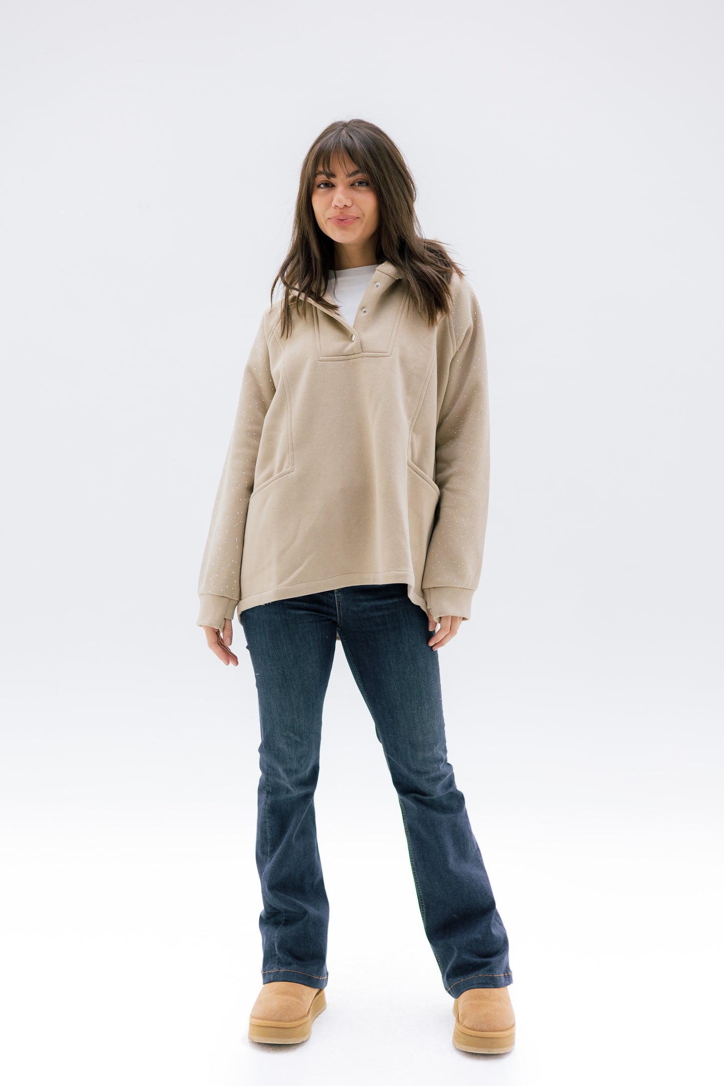 Rhinestone Whisper Hoodie - beige