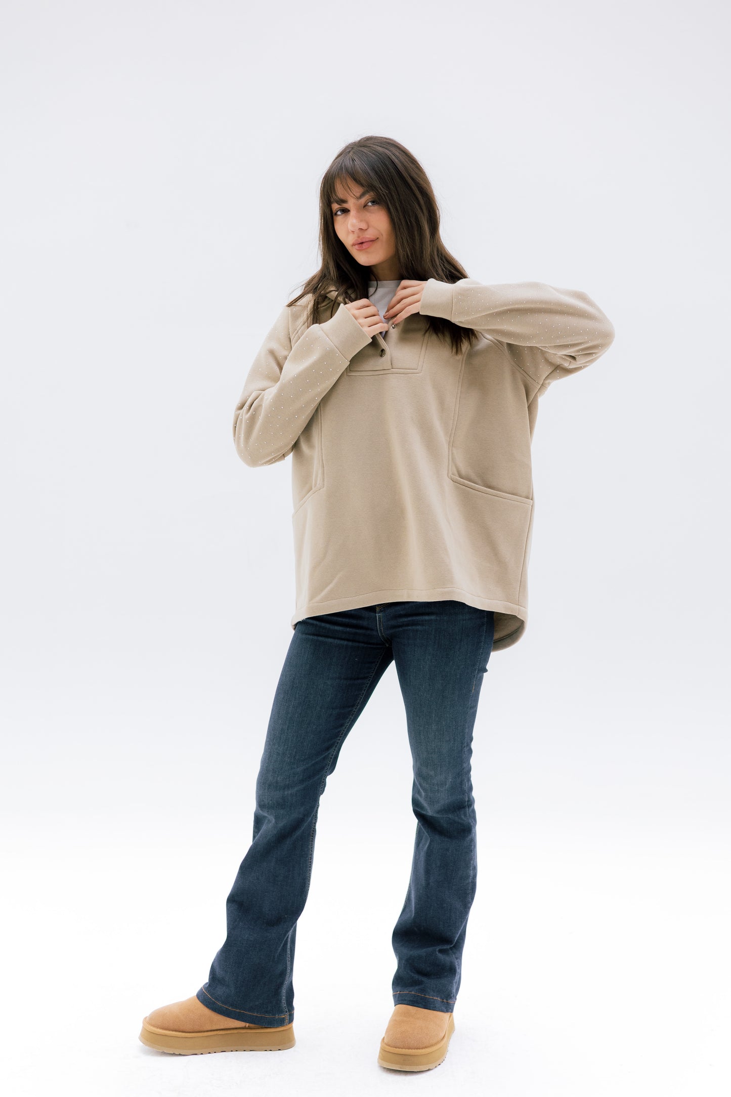 Rhinestone Whisper Hoodie - beige