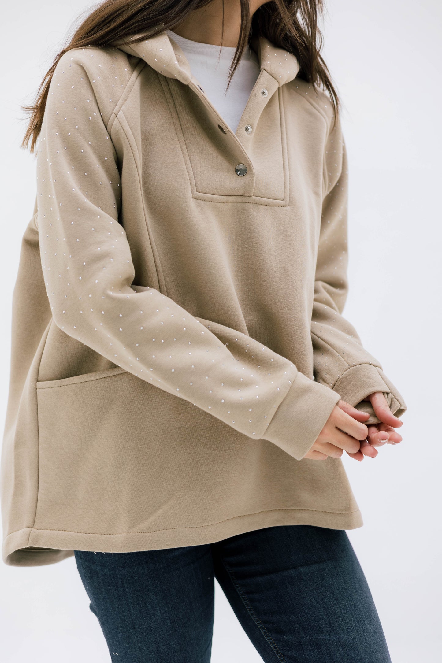 Rhinestone Whisper Hoodie - beige